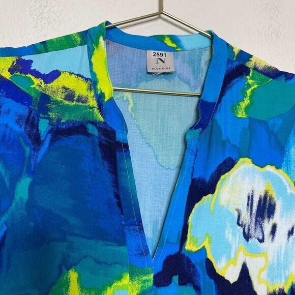 Natori MuuMuu Dress Medium Blue Tropical Maxi Long Double Slit Sleeveless Caftan - Picture 8 of 8